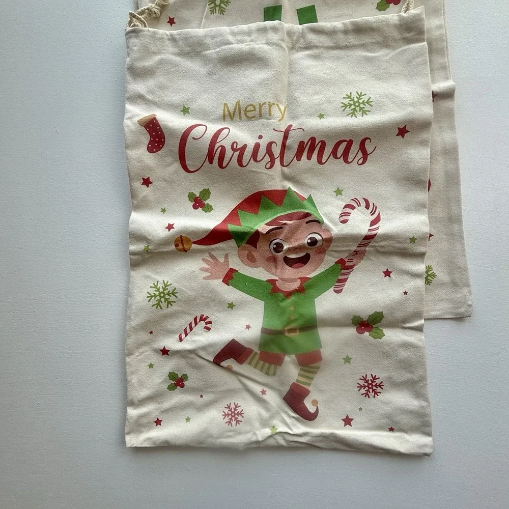 Large Christmas Holiday Gift Bag Elf Lot‎ Of 3 Ivory Color 24 Inches Cloth.